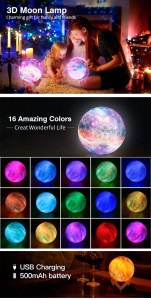 Lampa de veghe in forma de luna, 3D, lumina ambientala multicolora, stativ de lemn, touch K KATHODE - Img 2