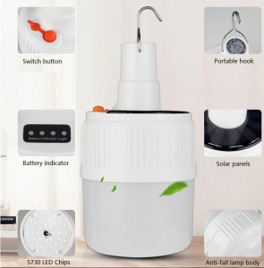 Lampa portabila tip bec cu incarcare la retea si solara, 5 moduri de iluminare, indicator lumina baterie, alb rece KATHODE - Img 3