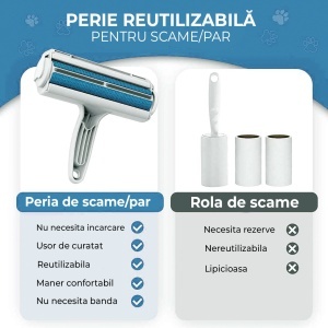 Perie pentru curatare parului animalelor de companie, caine, pisica, reutilizabila, pentru orice suprafata, 19 cm - Albastru - Img 4