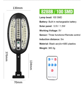 Set 2 x lampa stradala cu incarcare solara, 100 x LED SMD, senzor de miscare/amurg/stare de veghe, buton ON/OFF, telecomanda HB-8288B K KATHODE - Img 4