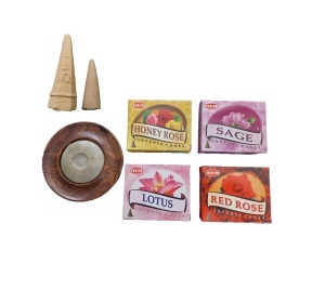 Set 40 de conuri parfumate Honey Rose, Sage, Lotus, Red Rose, suport din lemn, 2 conuri piramidale Palo Santo si Santal K KATHODE - Img 3