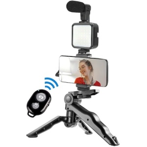 Set pentru vlogging/streaming, trepied, microfon, suport telefon, telecomanda bluetooth, lumina LED K KATHODE - Img 3