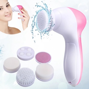 Aparat electric pentru exfoliere si masaj facial, 5 perii incluse si functie de reglare a vitezei, 13x7cm, Roz, viMAG ® - Img 3