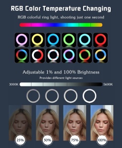 Lampa circulara profesionala RGB cu telecomanda, 3 nuante de alb, suport telefon, diverse jocuri de lumini, conectare USB, diametru 20 cm, trepied 210 cm K KATHODE - Img 8