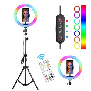 Lampa circulara profesionala RGB LED Ring Light, diametru 32cm, conectare USB, 3 moduri de lumina alba, 9 trepte de lumina, 15 culori RGB, suport telefon, telecomanda, trepied 210cm, K KATHODE - Img 3
