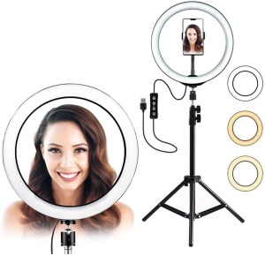 Lampa circulara Ring Light, diametru 26cm/10inch LED, conectare USB, 3 moduri de lumina, 10 trepte reglaj, suport telefon, telecomanda selfie, trepied 210cm inclus - Img 2