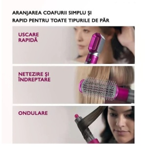 Perie de par electrica, 5 in 1, multifunctionala, 5 capete coafare, ondulare, indreptare, uscare par, 3 trepte viteza, temperatura reglabila, 1000W, gri-roz - Img 4