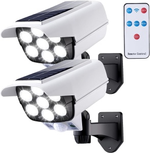 Set 2 Lampi Solare Tip Camera Falsa cu Panou Solar Incorporat 77 LED 7 SMD, Telecomanda, cu Senzori de Amurg, Miscare si Lumina, Rezistenta la Apa IP65, 3 Moduri Functionare, Alb