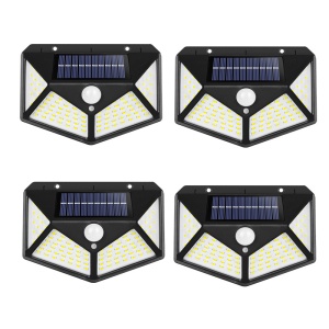 Set 4 lampi cu incarcare solara 100LED, lumina puternica, cu senzor de miscare si de lumina, cu 3 moduri de iluminare, cu unghi mare de actiune de 270º, IP65, Negru