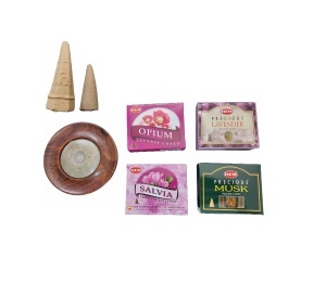 Set 40 de conuri parfumate Opium, Lavender, Salvia, Musk, suport din lemn, 2 conuri piramidale Palo Santo si Santal K KATHODE - Img 3