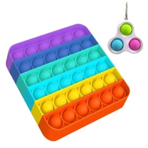 Set jucarii senzoriale Pop It Now, Push Bubble patrat din silicon 12.5 x 12.5 x 1.5 cm multicolor + breloc Fidget antistress verde, roz, albastru