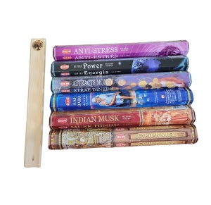 Set mixt 120 betisoare parfumate HEM, Anti Stress, Divine Power, Attracts Money, Sai Baba, Indian Musk, Egyptian Musk si Suport din lemn cu motiv Copacul Vietii