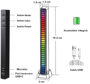 Banda tip lampa LED, activare sunet, aplicatie, RGB, pc gaming, tv, masina, negru, 32 leduri - Img 2