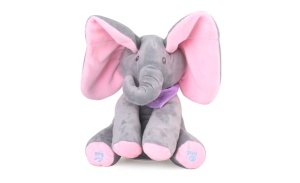Jucarie elefant, peek a boo, canta si vorbeste, 30x15 cm, gri/roz, buz