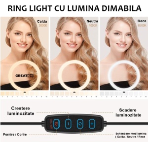 Lampa Circulara Profesionala GREATON® Led Ring Light Cu 10 Trepte De Intensitate Led, 3 Tipuri De Lumina, Ideal Continut Video TikTok 12 Inch, 180 LED, USB - Img 4