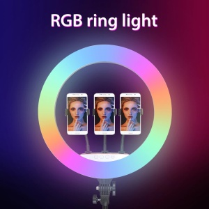 Lampa circulara profesionala RGB, touch control si telecomanda, 3 suporturi pentru telefon, diverse jocuri de lumini, 3 nuante de alb, diametru 45 cm, trepied 210 cm K KATHODE - Img 6