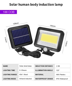 Lampa solara de perete, Huerler FL162, 100 x COB LED, cu panou solar polisiciliu detasabil, senzor miscare, rezistenta la apa, negru - Img 5