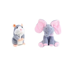 Pachet cu 2 jucarii interactive, contine Hamsterul vorbitor, repeta ce aude, isi misca corpul si capul,15 cm si Elefantul Cucu Bau, canta in limba engleza si isi acopera ochii cu urechile, 30 cm, gri/roz
