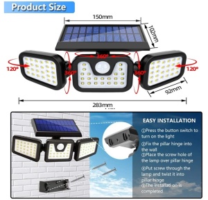 Set 3 x lampa tripla cu incarcare solara, rotatie 360°, cu senzori de amurg, miscare si lumina, 3 trepte de iluminare, 74 x LED K KATHODE - Img 6