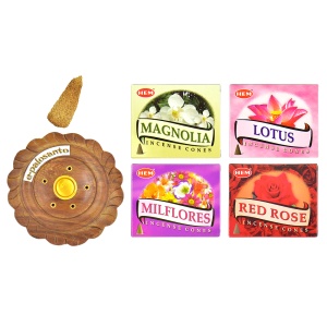 Set Palo Santo Lemn, suport rotund e-palosanto si Flori Aromate, 40 conuri parfumate (Magnolie, Trandafir Rosu, Lotus, Mii de Flori - Hem) aromaterapie