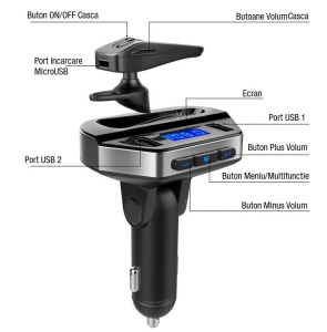Car Kit MP3 Player Dual USB + Casca Bluetooth 4.2 + EDR Handsfree V6 - Img 2