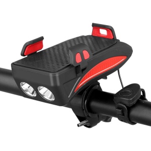Far bicicleta cu suport telefon , cu claxon, 2 x T6 LED, 400 lumeni, acumulator 2000mAh, incarcare USB, rezistent la apa, 3 moduri de luminare, negru