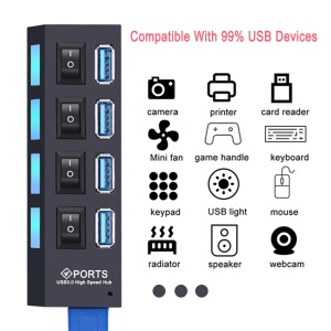Hub USB 3.0 cu 4 porturi, butoane ON/OFF individuale, led indicator K KATHODE