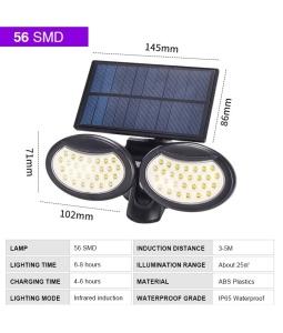 Lampa ajustabila cu incarcare solara, 56 x LED SMD, senzor de miscare/amurg/stare de veghe, buton ON/OFF SH-056 K KATHODE - Img 2