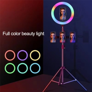Lampa circulara profesionala RGB LED Ring Light, diametru 32cm, conectare USB, 3 moduri de lumina alba, 9 trepte de lumina, 15 culori RGB, suport telefon, telecomanda, trepied 210cm, K KATHODE - Img 5