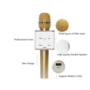 Microfon Karaoke Wireless Q7 cu Bluetooth cu Boxa inclusa, Gold, Kathode - Img 6