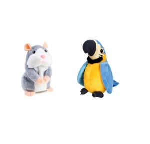 Pachet cu 2 jucarii interactive, contine Hamsterul vorbitor, repeta ce aude, isi misca corpul si capul,15 cm si Papagal vorbitor albastru, repeta tot ce aude, isi misca aripile si corpul,18cm