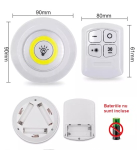 Set 3 lampi LED wireless, control prin telecomanda, 2 trepte de lumina, temporizare 30 min, alimentare cu baterii, Alb, YULMI - Img 3