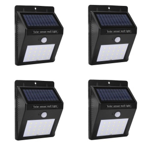 Set 4 lampi cu incarcare solara si senzor de miscare pentru exterior, 20 becuri LED-uri, montaj pe perete, fara cabluri