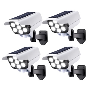 Set 4 Lampi Solare Tip Camera Falsa cu Panou Solar Incorporat 77 LED 7 SMD, Telecomanda, cu Senzori de Amurg, Miscare si Lumina, Rezistenta la Apa IP65, 3 Moduri Functionare, Alb