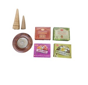 Set 40 de conuri parfumate Chandan, Patchouli, Frangipani, Milflores, suport din lemn, 2 conuri piramidale Palo Santo si Santal K KATHODE - Img 3
