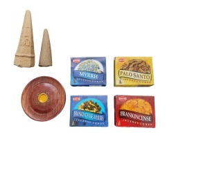 Set 40 de conuri parfumate Myrrh, Palo Santo, Frankincesne-Myrrh, Frankincense, suport din lemn, 2 conuri piramidale Palo Santo si Santal K KATHODE - Img 3