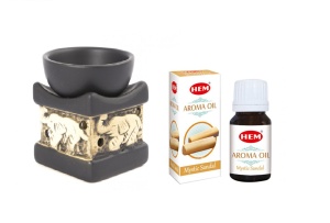 Set aromaterapie suport ceramica elefant + ulei parfumat HEM Santal 10ml