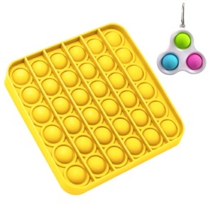 Set jucarii senzoriale Pop It Now, Push Bubble patrat din silicon 12.5 x 12.5 x 1.5 cm galben + breloc Fidget antistress verde, roz, albastru