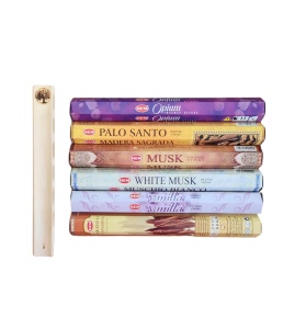 Set mixt 120 betisoare parfumate HEM, Opium, Palo santo, Musk, White Musk, Vanilla, Cinnamon si Suport din lemn cu motiv Copacul Vietii