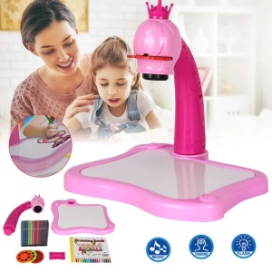Set Tabla de desenat Electrica cu Proiector Holograme, 24 modele figurine + Set 12 Carioci, Roz - Img 2