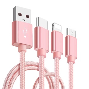 Cablu De Date 3 In 1 MRG® compatibil cu Iphone 5/6 + Micro Usb + Type C Roz pt Telefon Tableta