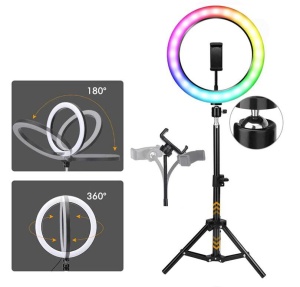 Lampa circulara profesionala RGB LED Ring Light, diametru 32cm, conectare USB, 3 moduri de lumina alba, 9 trepte de lumina, 15 culori RGB, suport telefon, telecomanda, trepied 210cm, K KATHODE - Img 6
