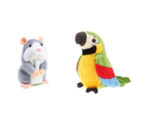 Pachet cu 2 jucarii interactive, contine Hamsterul vorbitor, repeta ce aude, isi misca corpul si capul,15 cm si Papagal vorbitor verde, repeta tot ce aude, isi misca aripile si corpul,18cm