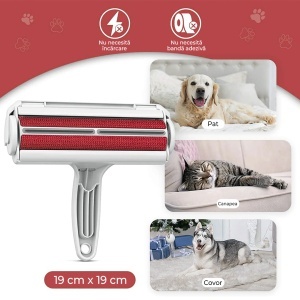 Perie pentru curatarea parului animalelor de companie, caine, pisica, reutilizabila, pentru orice suprafata, 19 cm, Alb/Rosu - Img 3