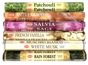 Set 6 bucati arome diferite - Betisoare parfumate HEM (Patchouli, Antitabac, Salvie, Vanilie, WhiteMusk, Rain Forest)