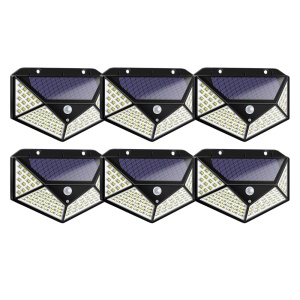 Set 6 Lampi Solare 100 LED, Senzor de Lumina si de Miscare, Buton de ON/OFF si de Setare a Intensitatii Luminii, Incarcare Solara, Indicator Protectie IP65, Lumina Rece, Unghi de detectare 270 Grade, Montaj Pe Perete, Negru