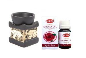 Set aromaterapie suport ceramica elefant + ulei parfumat HEM Trandafir 10ml