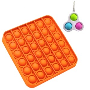 Set jucarii senzoriale Pop It Now, Push Bubble patrat din silicon 12.5 x 12.5 x 1.5 cm portocaliu + breloc Fidget antistress verde, roz, albastru