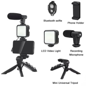 Set pentru vlogging/streaming, trepied, microfon, suport telefon, telecomanda bluetooth, lumina LED K KATHODE - Img 7