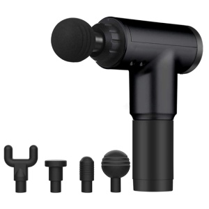 Aparat de masaj Gun Profesional, 4 capete interschimbabile, tip actionare vibratii, 6 trepte viteza, autonomie acumulator, timp operare 3 h, pentru dureri musculare si reumatism, Negru